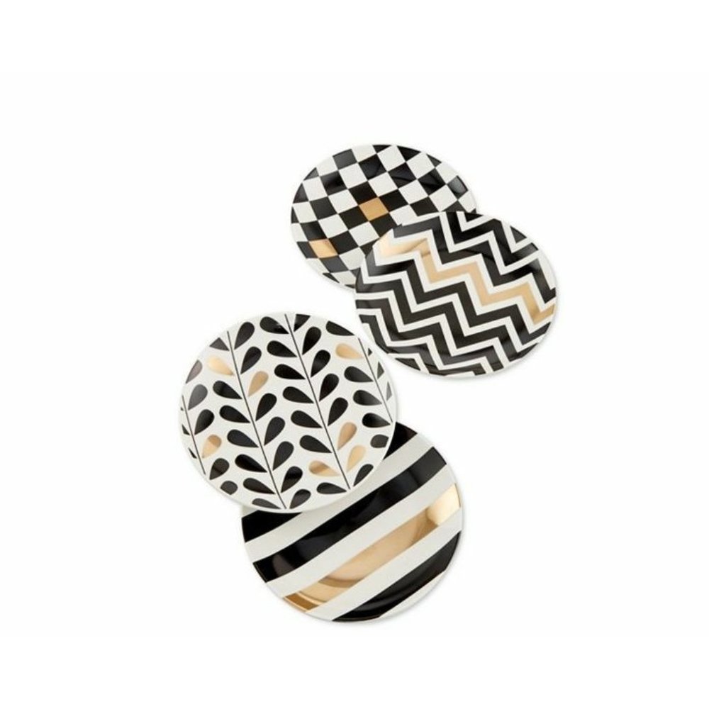 Designer 4 pc dessert plate set embellished with 14k gold white black